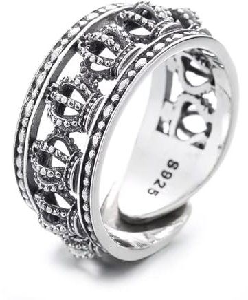 hixswnu Vintage Sterling Silber King Queen Crown Biker Ring – klassischer Verstellbarer Cocktail-Hochzeitsschmuck für Männer und Frauen