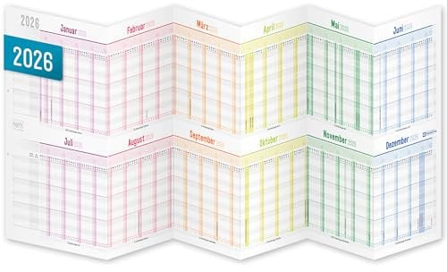 ##Häfft® Urlaubsplaner 2026 Mitarbeiter faltbar/gefalzt - A4 zum Abheften (ausgeklappt 89 x 29 cm) für 12 Personen oder Projekte Rainbow - nachhaltig & klimafreundlich