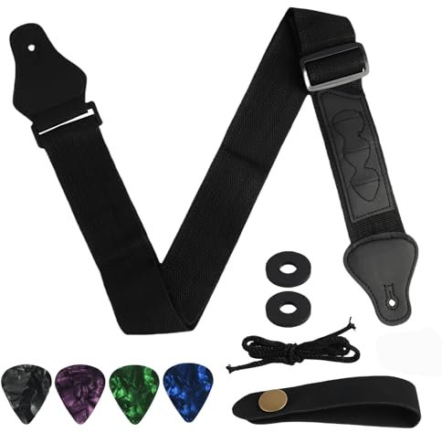 Fllyvly Verstellbarer Gitarrengurt aus Baumwolle mit PU Kunstlederenden, Schwarz, inklusive 3 Gitarrenplektren, 1 Gurtschlössern und 1 Kopfplattenadapter, geeignet für Akustikgitarren und E-Gitarren