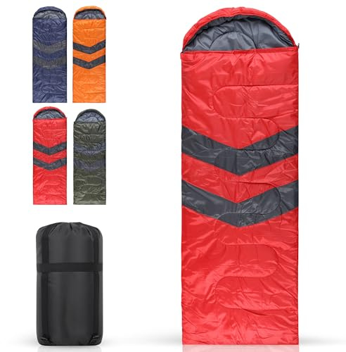 Schlafsäcke für Erwachsene und Kinder – Rot, 3–4 Jahreszeiten, ultraleicht, wasserdicht, Rucksack-Schlafsack mit Kapuze und doppelseitigem Reißverschluss, leicht, kompakt für Camping, Wandern und