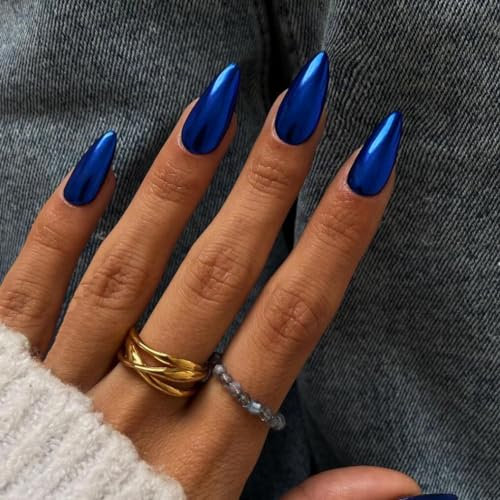 KQueenest Chrome Royal Blue Press on Nails Almond Medium Glitter Metallic False Nails Medium, Luxury Design Acrylic Fake Nails Set with Bling Mirror Effect Stick on Nail for Women 24 Pcs