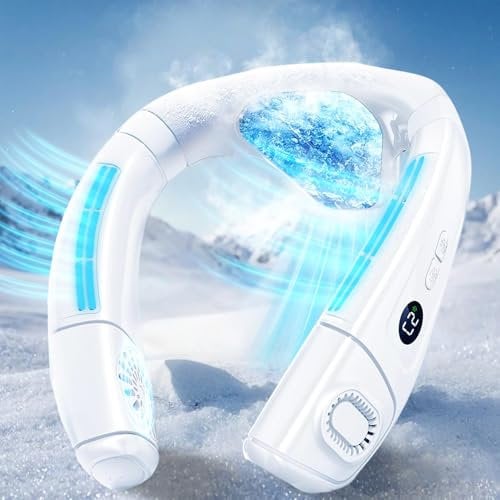 Ventilador de Cuello Portatil Con Hielo Placa de Refrigeración Grande, Ventilador Pequeño Silencioso Aire Acondicionado Ponible 6000mAh USB Recargable, 360° Aire Frio Trasera para Viaje Oficina,Blanco