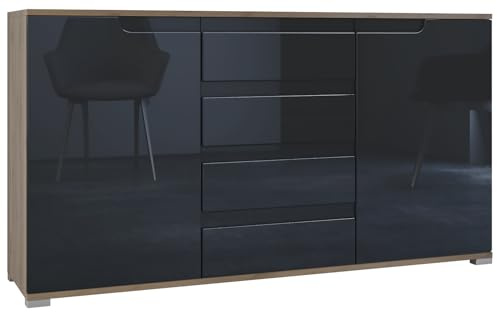 Vladon Sideboard Sylt V1, Kommode mit 2 Türen und 4 Schubladen, Korpus - Eiche Evoke/Front - Schwarz Hochglanz/Absetzung - Schwarz Hochglanz (138,5 x 75,5 x 35 cm)