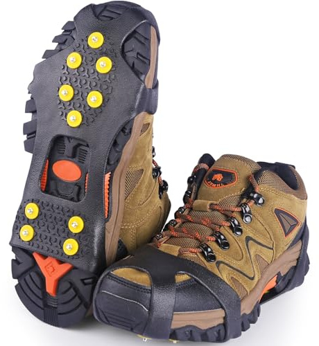 SHEEFLY Crampons à glace antidérapants pour chaussures et bottes, crampons à glace portables améliorés pour femmes, hommes et enfants, randonnée, course, marche, pêche + 4 crampons de rechange