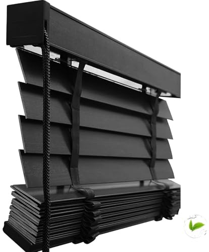 Solid Wooden Blackout Blinds & Shades, Custom Size Horizontal Windows Blinds Width 25cm-160cm for Interior, Venetian Shades Protecting Privacy Thermal Insulation(Black)