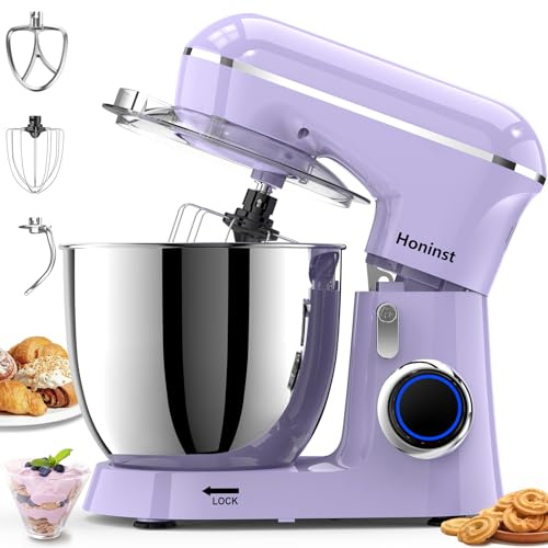 Honinst Küchenmaschine Knetmaschine, 1400 W, 6,5 L Edelstahlschüssel | Zum Teigkneten & Backen, 10 Geschwindigkeitsstufen, mit Knethaken, Rühr- & Schneebesen, für Brot- & Pizzateig, Lila