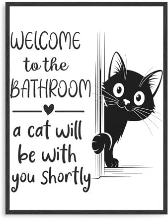 Dazzlewall Funny Cat Bathroom Wall Art Decor,Whimsical Black Cat Peeking Minimalist Canvas Wall Poster for Bathroom Toilet Decor 12x16 in Unframed