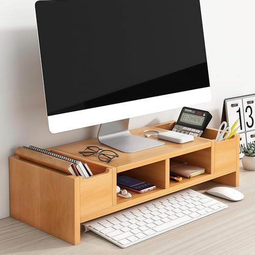 Wooden Monitor Stand with Drawer 2-Tier Riser for Computer & Flat Screen TV Space-Saving Design for Home & Office Ergonomic Desktop