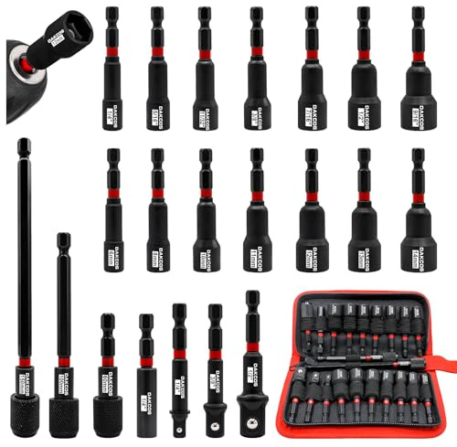 DAKCOS 21pcs Nut Driver Set 1/4 Hex Shank Drill Socket Set, Metric 6-14mm and SAE 1/4“-9/16”Quick Change Drill Bits, Adapter to 1/4“ 1/2” 3/8 CR-V
