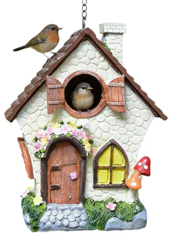 Vogelhäuschen für den Außenbereich, 21 cm, Anhänger aus Kunstharz, winddicht, wasserdicht, mit Kette, Blumen und Pflanzen, für gewöhnlichen Köhler, Choquin, im Garten im Freien