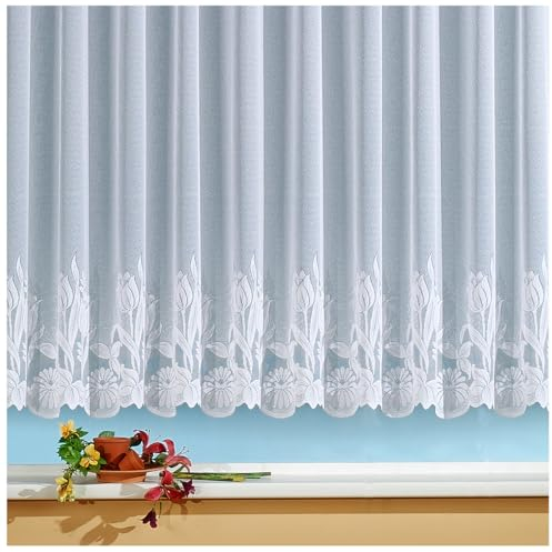 heimtexland ® Store Gardine Jacquard weiß transparent Kräuselband Vorhang mit Blumen Borte Gebogt Oekotex Typ69 Höhe 100cm x Breite 450cm