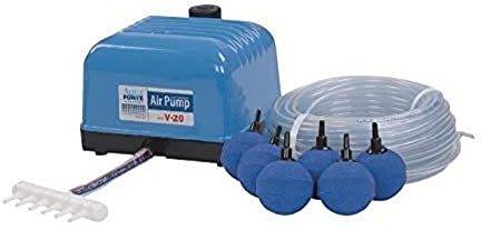 AquaForte Hi-Flow V-20 kit de pompe à air, kit complet avec distributeurs d'air, 25 m de tuyau 4 x 6 mm et 4 pierres à air 5 cm, capacité à 2 mètres 3 litres par minute, bassin maximum 12 m3