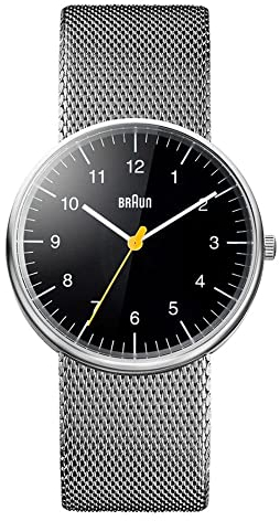 Braun Mens 3-Hand Analogue Quartz Watch, Black Dial and Steel Milanese Mesh Strap, 38mm Stainless Steel Case, Model BN0021BKSLMHG.