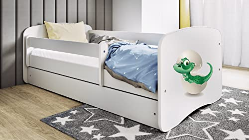 Bjird Kinderbett Jugendbett 70x140 80x160 80x180 Weiß mit Rausfallschutz Schublade und Lattenrost Kinderbetten für Mädchen und Junge - Kleiner Dinosaurier 140 cm