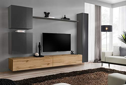 All4All Wohnwand SW 8 - Wohnzimmermöbel - Schrankwand für Wohnzimmer - Wohnzimmerschrank - Anbauwand Hängend - Modern Grau+Wotan 21