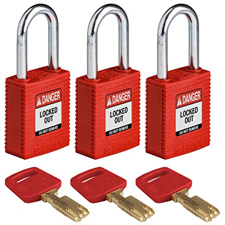 Brady (NYL-RED-38ST-KA3PK) SafeKey Nylon Lockout-Vorhängeschloss Mit Stahl Bügel 38.00 mm Rot KA - Gleichschließende Schlösser 3 Stück