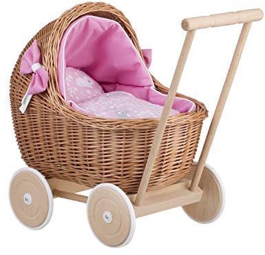 e-wicker24 Alles aus Weide Puppenwagen aus Weide mit Bettwäsche perfekte Geschenkidee Korbpuppenwagen schöner Spielzeug aus Korbgeflecht Korbwagen für Puppen Spielzeug für Mädchen (Pink 1)