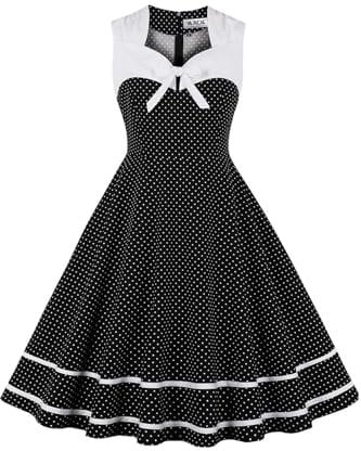 AXOE Femme Robe Vintage Années 50 60 Motifs Pois ou Uni Taille Haute Coupe A Robe Cocktail Soirée Ville Coton Élastique Noir et Blanc, Taille 46, XXL
