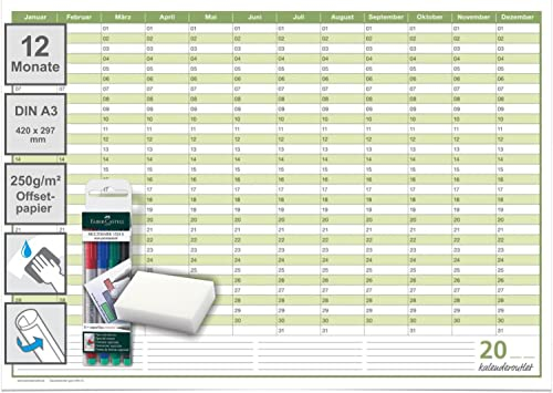 Kalenderoutlet din A3 Dauerkalender abwischbar Geburtstagskalender immerwährender Kalender Jahresplaner 42,0 x 29,7cm inklusive 4er Stifte Set jahresunabhängig gerollt in deutscher Sprache
