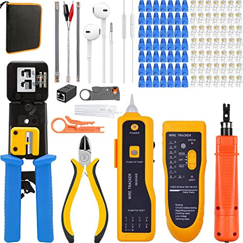 MAYLINE RJ45 Crimping Tool Kit Crimper Repair Network Set Tool, RJ12 Crimp Wire Stripping Cable Professional Ethernet CAT5 CAT6 Pass Through Connectors Punch Down Tester(Blue)