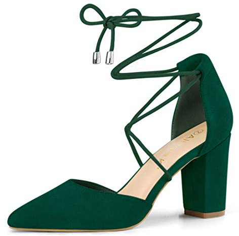 Allegra K Women's Pointed Toe Chunky Heel Lace Up Pumps Dark Green 5 UK/Label Size 7 US