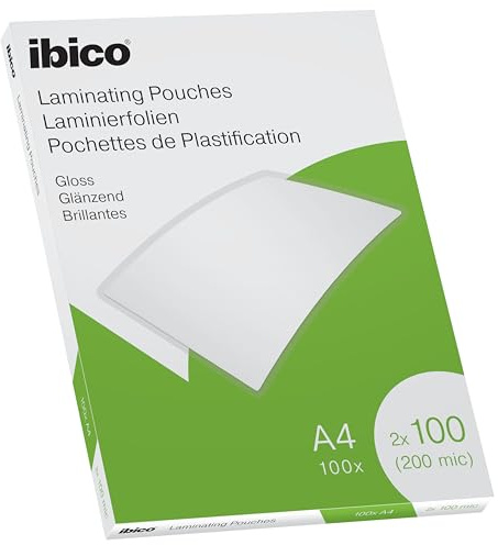 Ibico Laminierfolien A4 200 Mikron (2 x 100 mic), 100 Stück, Glänzende Heißlaminierfolien, Abgerundete Ecken, Ideal für Büro oder Schule, Transparent, Kristallklar, 627317