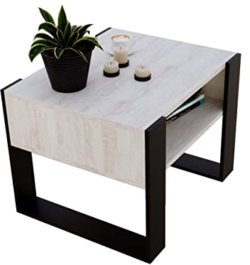 Couchtisch KARO rechteckiger Kaffeetisch aus Holz Modern Teetisch 65 x 53,6 45cm massiv und stabil (Cascina Kiefer/Schwarz), 0122
