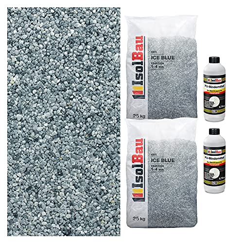 Isolbau Steinteppich Aussen Komplettset Marmorkies 50kg + Bindemittel bis 5m² Ice Blue 1/4mm Epoxidharz Terassenboden Natursteinboden Marmorkies Bodenbelag Steinboden Marmorstein, Innen Außen