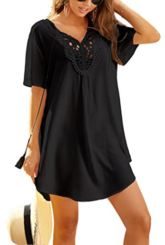 Ekouaer Beach Cover Ups for Women Beachwear Short Sleeve Sexy Beach Cover Up V-Neck Hollow Beachwear Beach Dress Black S