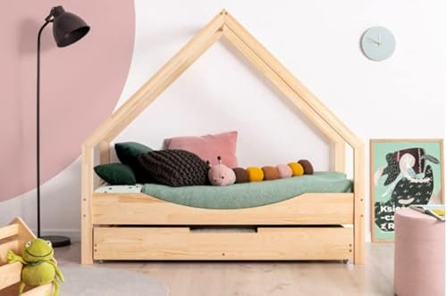 ahoj baby Hausbett mit Schublade für Kinder, Montessori-Hausbett, solides handgefertigtes Bett für Kleinkinder, Kinderbett, Bettrahmen, Cottage-Bett, Kleinkinderbett (90x200)
