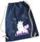 Turnbeutel mit Namen für Mädchen Kinder | inkl. NAMENSDRUCK | Motiv Einhorn sitzend | Stoffbeutel aus 100% Baumwolle(dunkelblau)