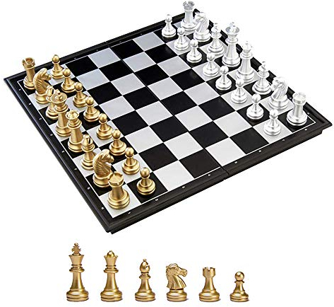 KOKOSUN Schachspiel Gold und Silber Schachfiguren, Magnetisch Faltbares Schachbrett Bequeme Aufbewahrung, Lernspielzeug/Geschenk für Kinder und Erwachsene (25×25cm)