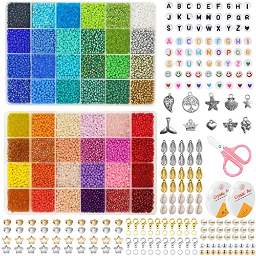 Perlen zum Auffädeln, 16000 Stück Perlen Set für Armbänder Selber Machen, 3mm 48 Farbe Glasperlen Set mit 300 Buchstabenperlen, Bunte Schmuck Basteln für Kinder/Erwachsene