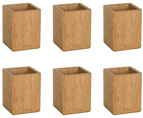 OSCO Bamboo Square Pen Pot | 6 Pack | Wood Pencil Holder | Desk Tidy | Office Organiser | Makeup Storage | Cosmetics Display | H10.2 x W7.7 x D7.7 cm |
