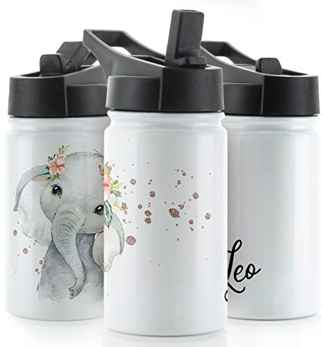 Hairyworm Personalised Water Bottle, 350ml White Sports Flask with Straw Cap Flip Lid, Stainless Steel, Customised with Initial/Name, Elephant Rain Drop Glitter Print Design Print