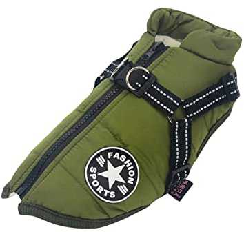 Ectkuee Hundejacke Winterweste Mit Geschirr, Wasserdichter Hundemantel für Kleine Hunde, Maschinen Waschbar, Reflektierender Streifen, Haltbarer D-Ring (Green-L)