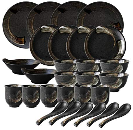 Service de table, service de vaisselle en céramique, service de table en porcelaine rétro 28 pièces de style japonais/ensembles d'assiettes et de bols en cercle d'or noir