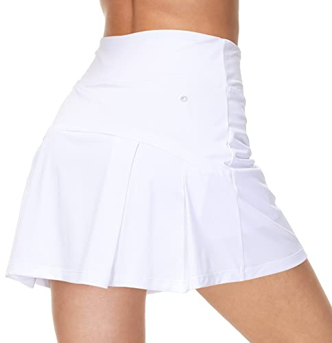 Zingther Damen Athletic Faltenröcke mit integrierten Shorts, mit Kopfhörerloch, Ballhalter, Handytasche und Schlüsseltasche, Skorts für Tennis, Laufen und Golf, Weiß