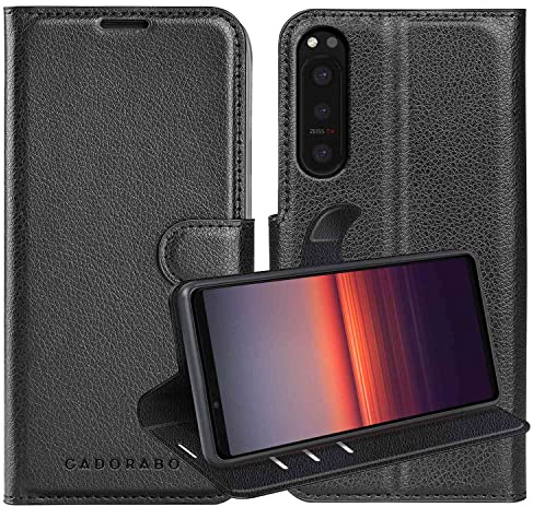 Cadorabo Hülle kompatibel mit Sony Xperia 5 II in Phantom SCHWARZ - Schutzhülle mit Magnetverschluss, Standfunktion und Kartenfach