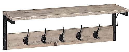 HOOBRO Portemanteaux mural, Portemanteaux Patères, Étagère murale avec 7 Crochets, Portant à Vêtement, Étagère Rangement, pour Entrée, Chambre, Salle de Bain, Grège et Noir EBG16YM01