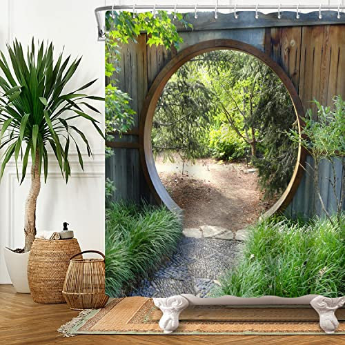 Bovlleetd Verdure forêt Rideau de Douche Paysage Naturel Salle de Bain Rideau de Douche Rustique Arc Circulaire Jardin Porte en Bois pavé Chemin Baignoire décors Ensemble 10 Trous 153x183cm