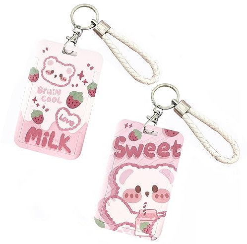 2 portachiavi Kpop, porta foto a forma di orsetto e fragola, porta badge con portachiavi, bobina, cancelleria, per il rientro a scuola, studenti, autobus, biglietti portachiavi (rosa)