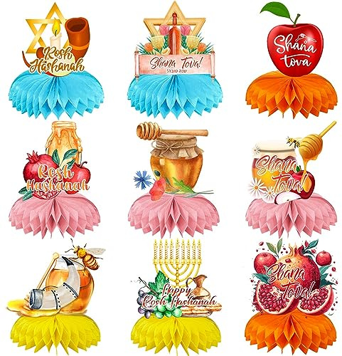 9 PCS Rosh Hashana Decorations Honeycomb Table Centerpieces,Shana Tova Apple Honey Pot Red Pomegranate Table Topper Sign for Rosh Hashana Jewish New Year Party Decoration