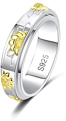 MYBELLNA Fidget Ring für Angst für Frauen 925 Sterling Silber Entlasten Spinner Ringe Ewige Liebe Band Ring ADHD Autismus Stress Entlastung für Frauen Mom Männer (49 (15.7), Sunflower-2)
