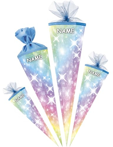 alles-meine.de GmbH Schultüte - mit 3D Glitzer - Effekt ! Regenbogen Farben & Sterne 35-100 cm Größe wählbar inkl. Name - Zuckertüte - Tüllabschluß/Filzabschluß - eck..