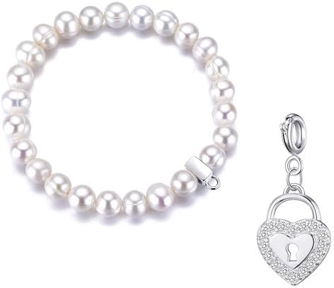 Philip Jones Freshwater Baroque Pearl Charm Bracelet Created with Zircondia® Crystals (choice of 15 charms) (Heart Lock)