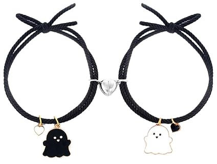 LIUZHIPENG 2 Pcs Magnetic Matching Bracelet Cute Ghost Heart Couple Bracelet Set Adjustable Braide Rope Black White Ghost Pendant Bracelet Jewelry Gift Women Men