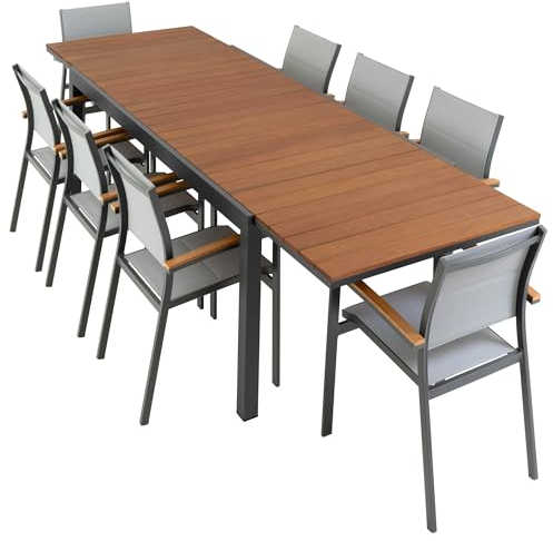 Nexos Trading 9er Garnitur - ausziehbarer Gartentisch aus Holz/Alu mit 8 Stapelstühlen