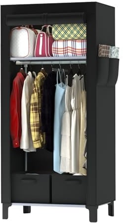 LOEFME Stoffkleiderschrank 161x59x45 cm – Faltbarer Kleiderschrank mit 2 Aufbewahrungsboxen & Seitentaschen, Stabiler & Tragbarer Stoffschrank für Schlafzimmer, Wohnung & Wohnheim, Schwarz
