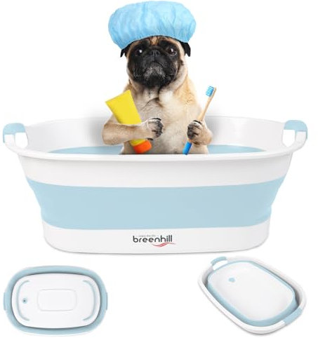 BREENHILL Bañera plegable para mascotas con tapón de drenaje de agua, bañera portátil para mascotas pequeñas para cachorros, perros pequeños, gatos, diseño portátil y que ahorra espacio, azul